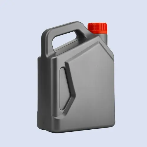 Angled view of charcoal gray 2 liter HDPE engine oil container with ergonomic handle.