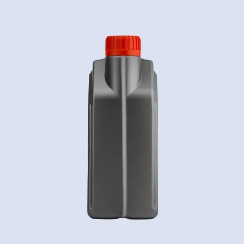 Side view of charcoal gray 2 liter HDPE oil jug for automotive lubricant packaging.