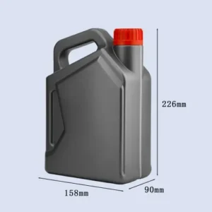 charcoal gray 2 liter motor oil bottle dimension view Charcoal gray 2 liter motor oil bottle with carry handle and product dimensions.