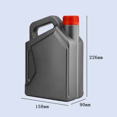 Charcoal gray 2 liter motor oil bottle with carry handle and product dimensions.