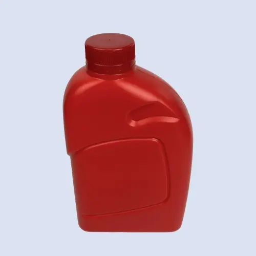 Front angled view of red 1 liter HDPE engine oil bottle with integrated grip recess and large label panel