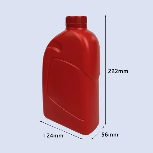 Dimension illustration of 1 liter red HDPE engine oil bottle measuring 222mm height, 124mm width and 56mm depth