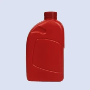 Front view of red HDPE engine oil bottle featuring ergonomic grip recess and smooth label surface