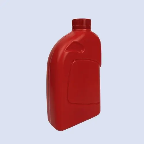 Perspective view of red motor oil packaging container with curved shoulder and recessed label area