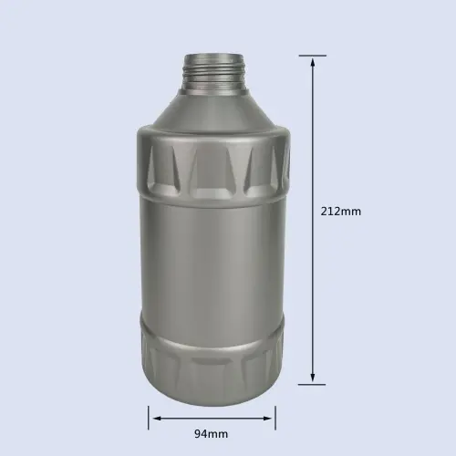Dimension illustration of round gray motor oil bottle measuring 212mm height and 94mm diameter