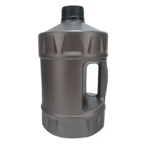 Dark gray 3 liter round HDPE engine oil bottle with ergonomic handle for automotive lubricant packaging.