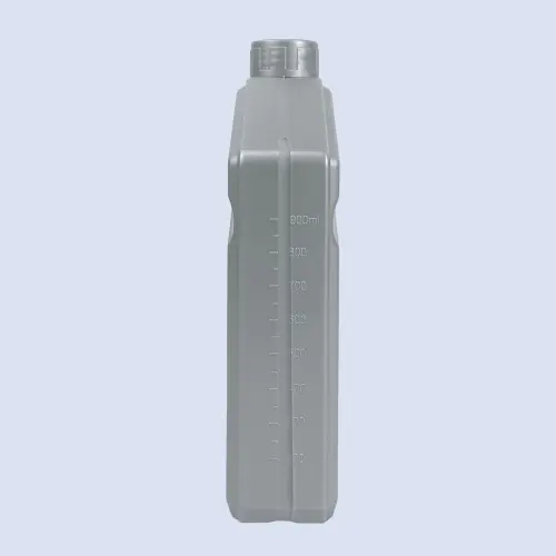 Front view of 1 liter HDPE engine oil bottle with molded liquid level measurement scale