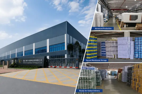 Industrial packaging facility with production, warehouse storage, and export-ready packaging