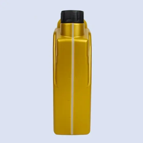 Side profile of gold 2 liter HDPE engine oil bottle for automotive lubricant packaging.