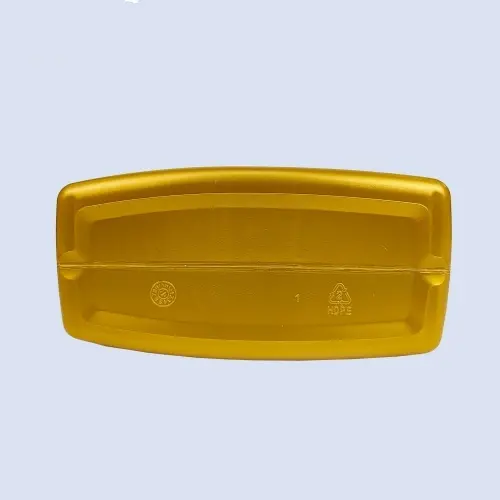Bottom view of gold 2 liter HDPE motor oil container designed for lubricant storage.