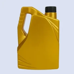 Front view of gold 2 liter plastic lubricant bottle with integrated carrying handle.