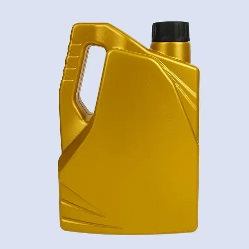Front view of gold 2 liter plastic lubricant bottle with integrated carrying handle.