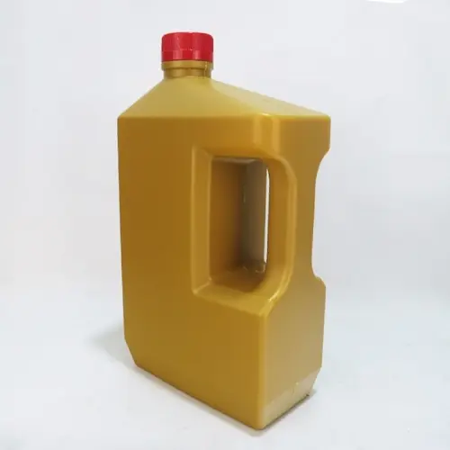 Gold 2.5 liter HDPE lubricant container with ergonomic handle for automotive fluid packaging.
