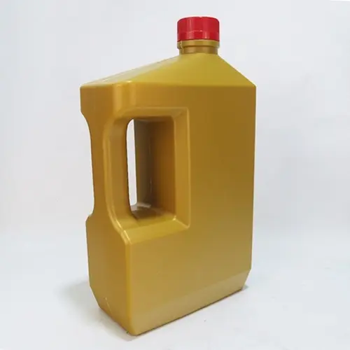 Gold 2.5 liter square HDPE engine oil bottle with side handle for automotive lubricant packaging.