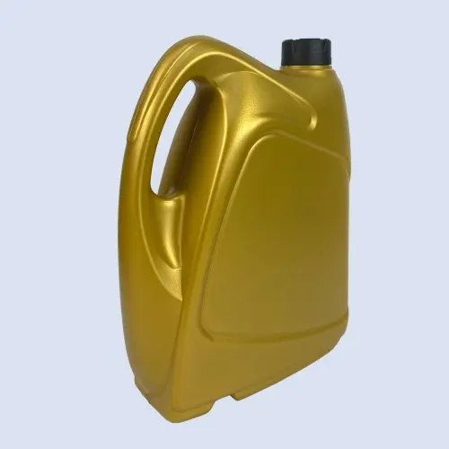 Angled view of a gold 3 liter automotive oil bottle with integrated handle for motor oil packaging.