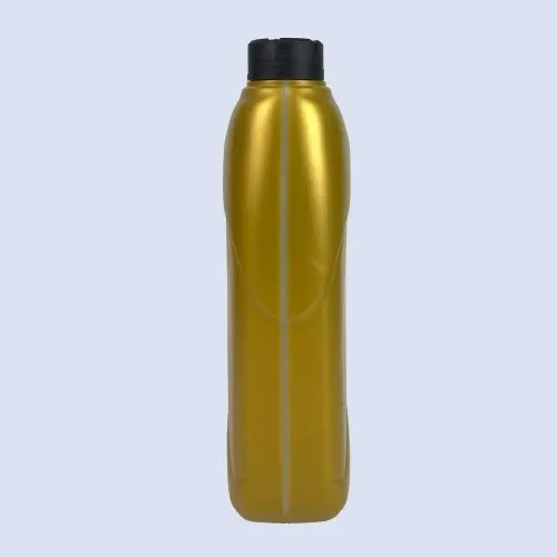 Side profile of a gold 3 liter HDPE lubricant bottle for engine oil and automotive fluid packaging.