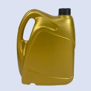 Front view of a gold 3 liter HDPE motor oil container with single handle for lubricant packaging.