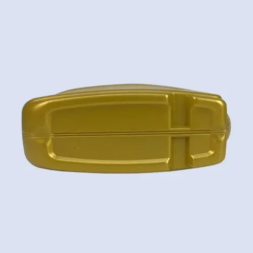 Bottom view of a gold 3 liter HDPE oil container designed for lubricant packaging.