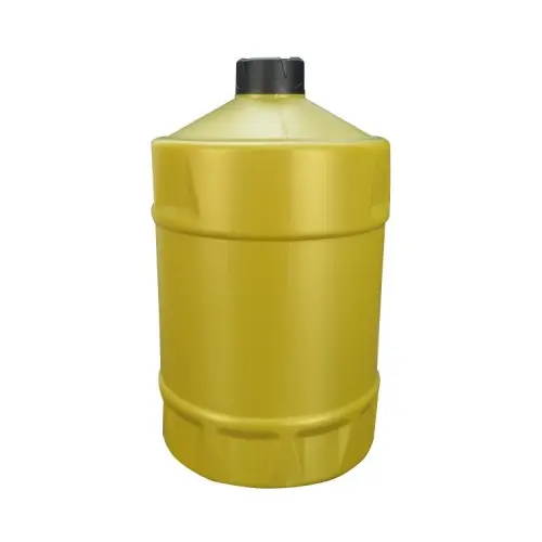 Rear view of a gold 3 liter HDPE round oil container designed for motorcycle engine oil packaging.