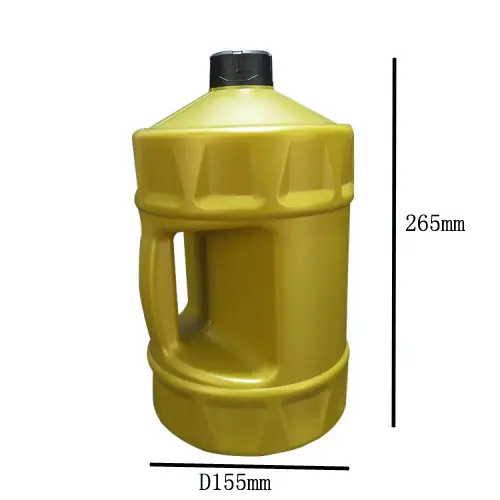 Gold 3 liter round HDPE lubricant bottle with handle showing dimensions for motorcycle oil packaging.