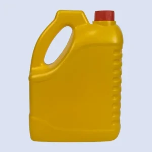 Front view of a gold 3.5 liter HDPE automotive oil container for lubricant packaging.