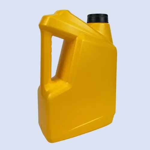 Rear angled view of a gold 3.5 liter HDPE engine oil container with integrated handle.