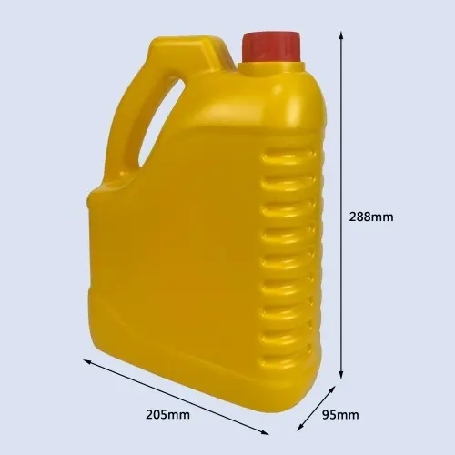 Dimension view of a gold 3.5 liter HDPE engine oil bottle with integrated handle.