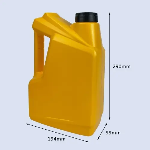 Dimension view of a gold 3.5 liter HDPE engine oil bottle with ergonomic carry handle.