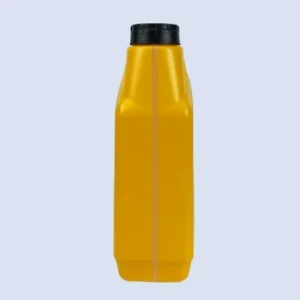 gold 3.5 liter lubricant bottle side profile Side profile of a gold 3.5 liter HDPE lubricant bottle with screw cap for engine oil.
