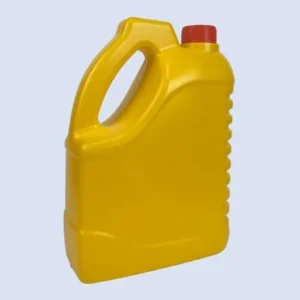 gold 3.5 liter motor oil container angled handle view Angled side view of a gold 3.5 liter HDPE motor oil container with ergonomic handle.