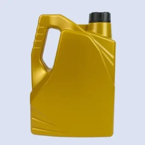 Front view of a gold 4 liter HDPE automotive oil bottle with ergonomic carry handle.