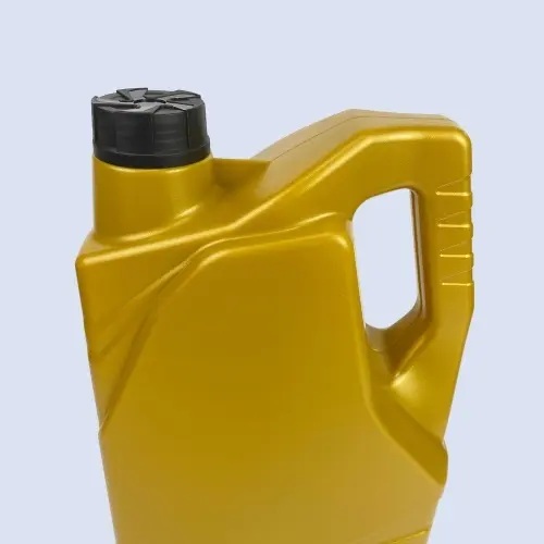 Gold 4 liter HDPE engine oil bottle with ergonomic handle for automotive lubricant packaging.