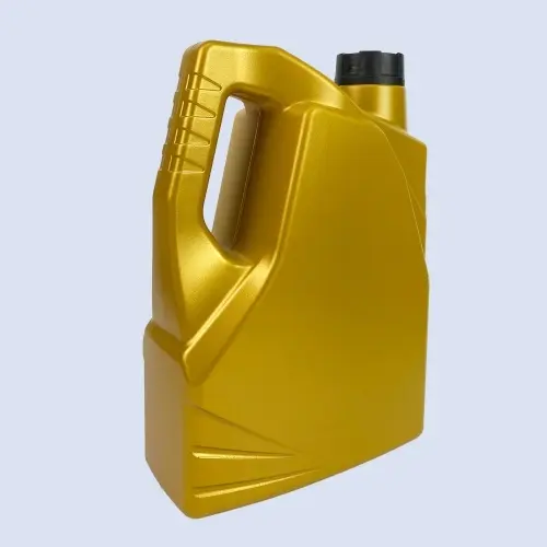 Angled view of a gold 4 liter HDPE oil container designed for engine oil packaging.