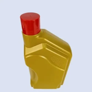 gold engine oil bottle angled view Angled top view of gold HDPE engine oil bottle for lubricant packaging