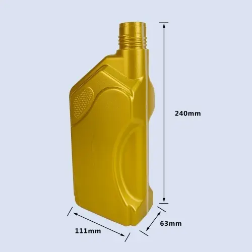 Dimensions of 1 liter gold HDPE engine oil bottle with 240mm height and 111mm width
