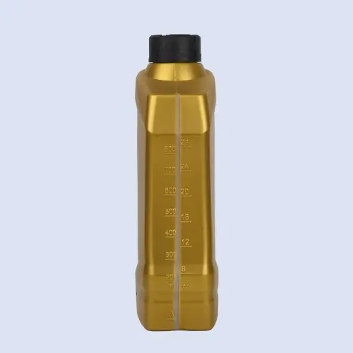 Front view of gold 1 liter motorcycle engine oil bottle with embossed measurement scale