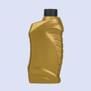 Profile view of gold HDPE motorcycle oil bottle with textured side grip and black cap