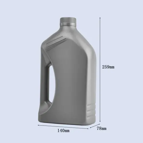 Gray 1.5 liter engine oil bottle with integrated handle showing product dimensions and capacity.