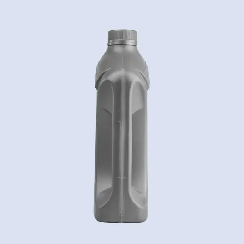 Side profile of gray 1.5 liter PE lubricant bottle with ergonomic handle design.