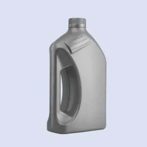 gray 1.5 liter motor oil bottle angled handle view Angled view of gray 1.5 liter PE motor oil bottle with built in handle for easy pouring and storage.