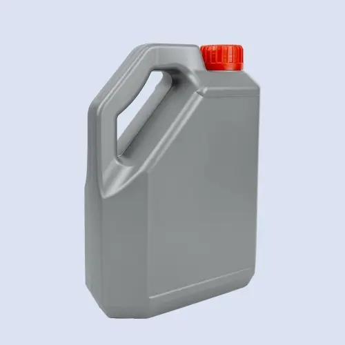 Angled view of gray 2 liter HDPE lubricant bottle with ergonomic carrying handle.