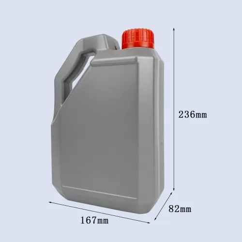 Gray 2 liter HDPE motor oil container showing dimensions and integrated handle design.