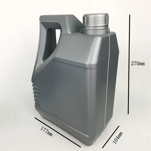Dimension view of a gray 3.5 liter HDPE engine oil bottle with single handle and screw cap.