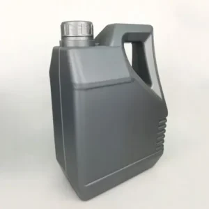 Angled front view of a gray 3.5 liter HDPE motor oil container with ergonomic carry handle.