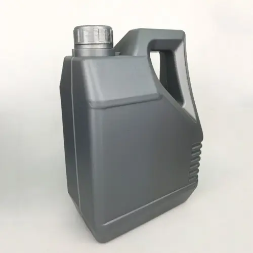 Angled front view of a gray 3.5 liter HDPE motor oil container with ergonomic carry handle.