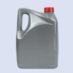 Side view of a gray 5 liter HDPE automotive lubricant bottle with ergonomic carry handle.