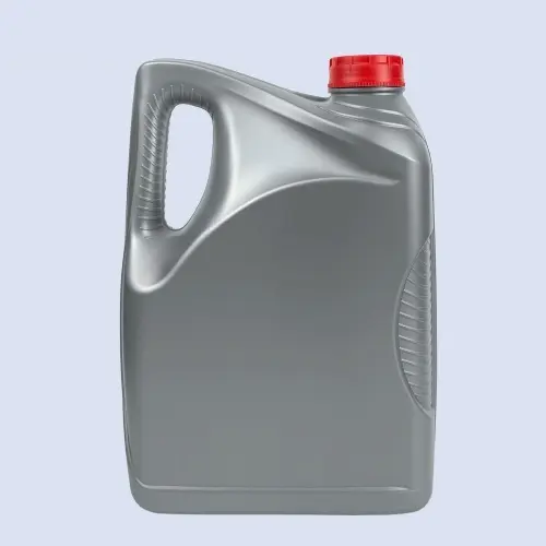 Side view of a gray 5 liter HDPE automotive lubricant bottle with ergonomic carry handle.