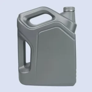 Front view of a gray 5 liter HDPE automotive oil bottle with double handle for engine oil storage.