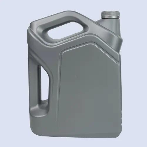 Front view of a gray 5 liter HDPE automotive oil bottle with double handle for engine oil storage.