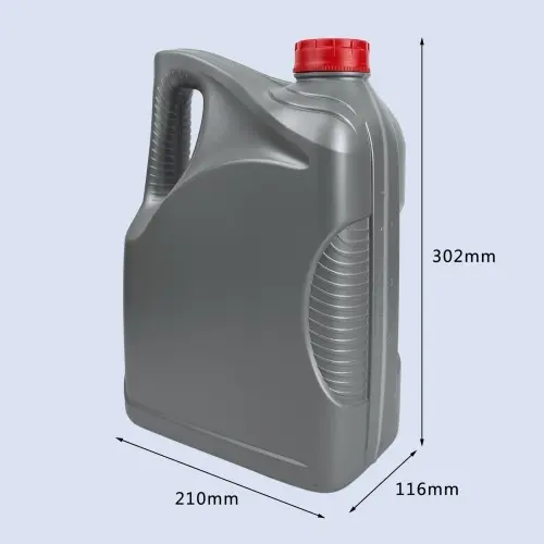 Gray 5 liter HDPE engine oil bottle with ergonomic handle and dimension details.